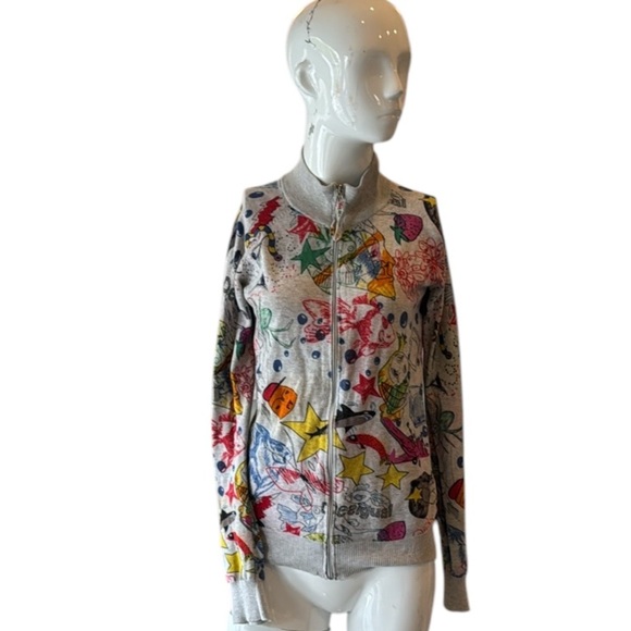 Desigual Artsy Gray Multi Zippered Cotton Knit Jacket Size Medium - Picture 1 of 12